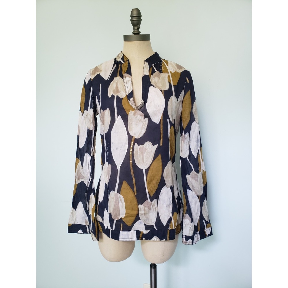 Tory Burch Stephanie Womens S 4 Boho Tunic Blouse Top Floral Sequins Blue Yellow